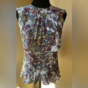 Banana Repúblic XS Sleeveless 100% Polyester Multicolor Floral Ruffles Round Nec